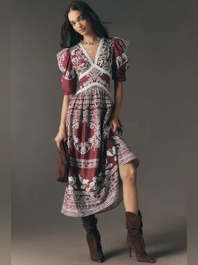 Farm Rio x Anthropologie Burgundy Blue Print puff sleeve Dress Size M NWT